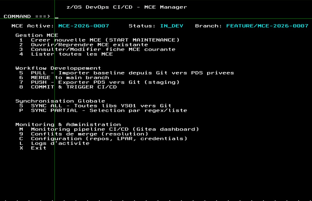 DevOps CI/CD Manager for z/OS - Menu Principal